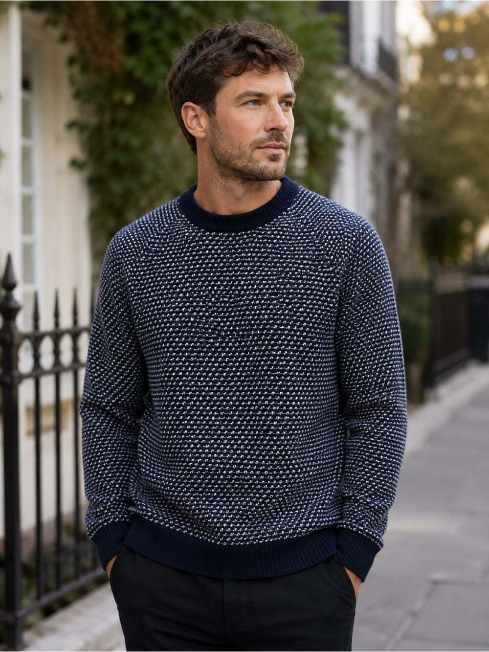 Porter + Ash Textured Knit Sweater Navy White Crewneck Classic Minimalist